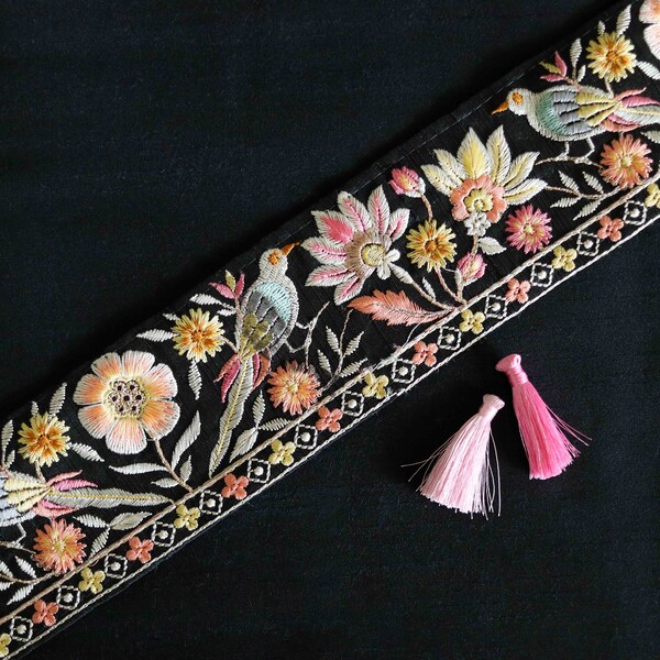 Black Floral Peacock Embroidered Trim,Indian Embroidery Border,Pink Peach Bird Lace,Parsi Saree Border,Price/mtr