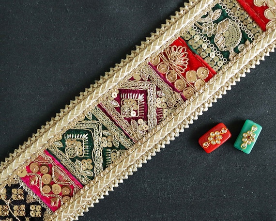Boho Patchwork Embroidered Trim: Handmade Upcycled Indian Fabric