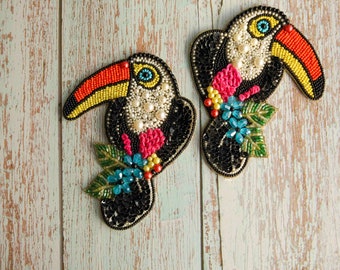 Multicolour Toucan Bird beaded patch,Handmade Embroidered Bird applique, Rainbow bird patch,Costume Denim Patch,Sew on Applique,DIY Patch