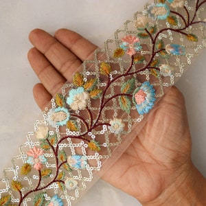 Floral Checks Embroidered Net Trim: Sequin Indian Fabric Lace, Saree Border, インド刺繍リボン
