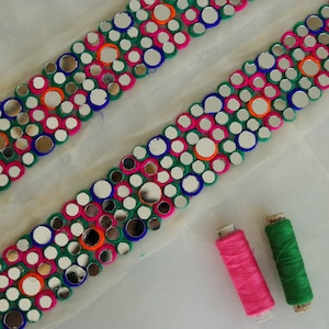 Colourful Mirror Embroidered Trim,Handmade Multicolour Indian Border,Rainbow Mirror Lace,Mirror Saree Border,Price/mtr