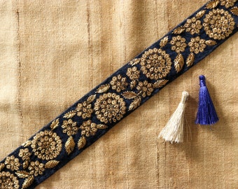 Deep Blue Gold Velvet Trim,Indian Floral Sequin Embroidered Border,Blue Gold Lace,Floral Velvet Saree Border,Price/mtr