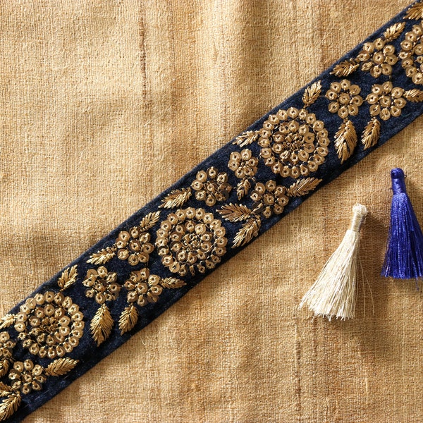 Deep Blue Gold Velvet Trim,Indian Floral Sequin Embroidered Border,Blue Gold Lace,Floral Velvet Saree Border,Price/mtr