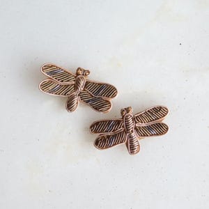 May include: Two bronze dragonfly brooches. Each brooch has detailed wings with a striped pattern and a textured body. The brooches are displayed on a white surface.