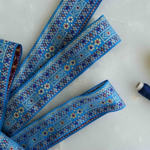 Blue Yellow Floral Brocade Trim,Blue Brocade Border,Indian Brocade Lace,Boho Blue Trim,Blue Floral Saree Border,Price/mtr
