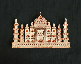 Golden Palace Embroidered Patch,Handmade Taj Mahal Applique, Royal Palace Beige Gold Cutwork Patch,DIY Costume Dress Patch