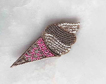 Quirky Pink Sequin Ice-cream Patch, Ice-Cream Cone applique, Food Dessert Patch