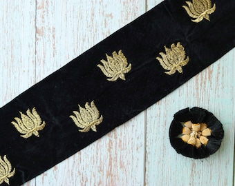 Black Gold Lotus Velvet Trim,Black Velvet Embroidered Border,Black Floral Lace,Black Bridal Trim Saree Border,Price/mtr