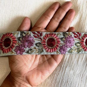 Blue Pink Floral Embroidered Trim, Powder Blue Sequin Lace, Indian Fabric Saree Border,インド刺繍リボン