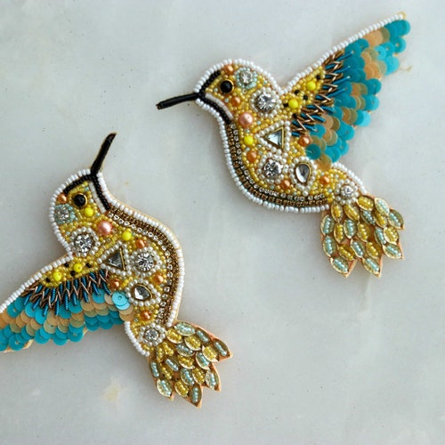 Blue Gold Bird embroidered patch,Handmade Beaded applique,Blue Gold bird patch,Costume Denim Patch,Sew on Applique,DIY Patch