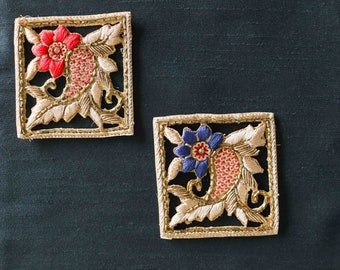 Gold Cutwork Embroidered Pocket Patch,Handmade Indian Gold Red Blue Pocket Applique, Boho Kitschy Floral Patch,DIY Denim Jacket Patch