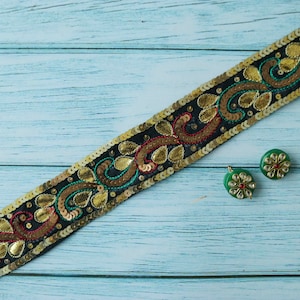Vintage Black Gold Embroidered Trim,Handmade Old Gold Sequin Floral Border,Antique Black Bridal Saree Border,Indian Fabric Trim,Price/mtr
