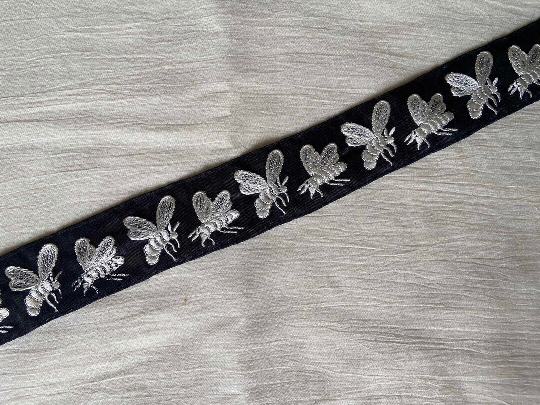 Quirky Black Bee Embroidered Trim, Honeybee Boho Black White Lace ...