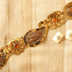 Vintage Gold Paisley Embroidered Trim,Handmade Indian Old Gold Cutwork Sequin Border,Antique Bridal Saree Border,Floral Trim,Price/mtr image 3