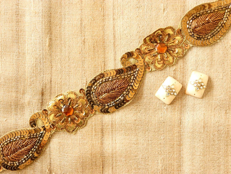 Vintage Gold Paisley Embroidered Trim,Handmade Indian Old Gold Cutwork Sequin Border,Antique Bridal Saree Border,Floral Trim,Price/mtr image 3