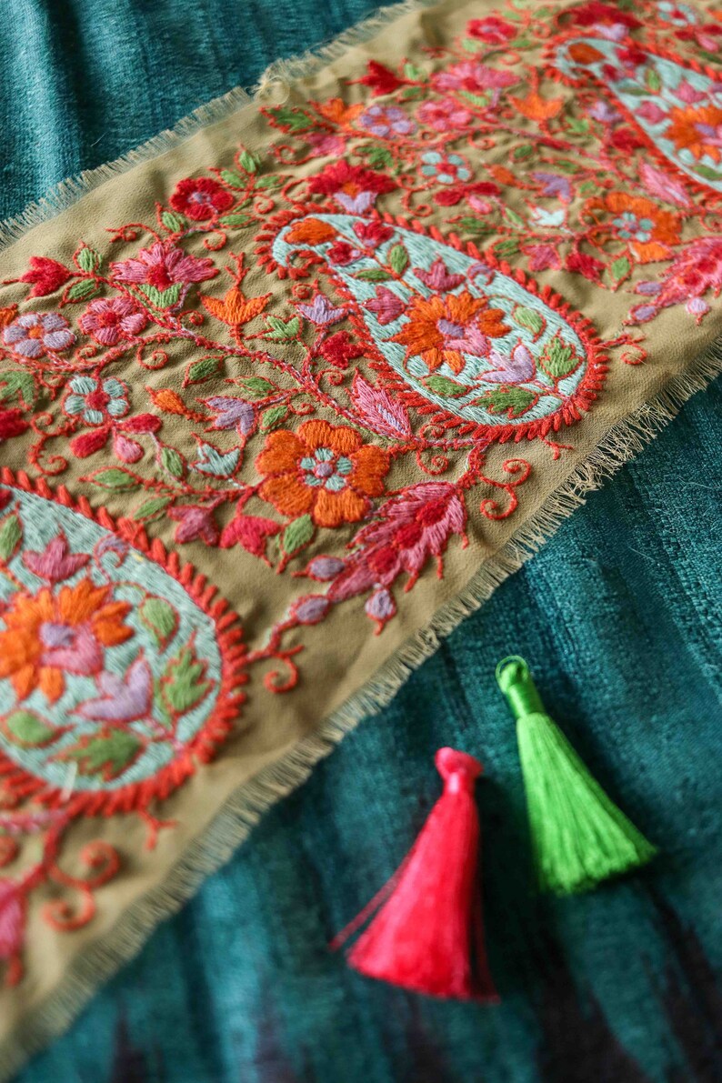 Beige Red Paisley Floral Trim,Teal Embroidered Net Border,Indian Kashmiri Beige Red Floral Lace,Broad Floral Saree Border,Price/mtr, OOAK image 8