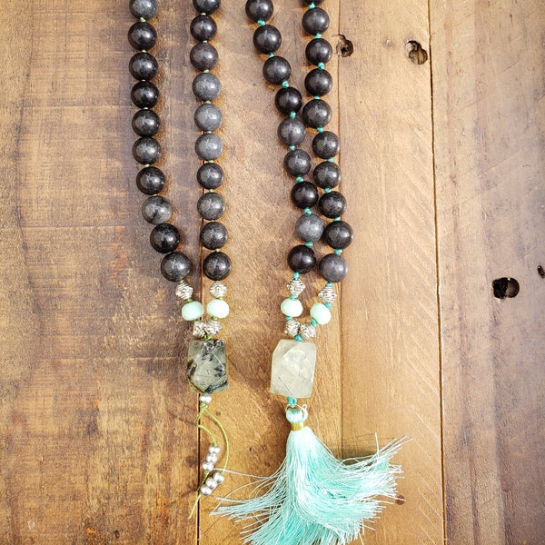 Quarter mala, 27 bead 8mm Jade and Prehnite