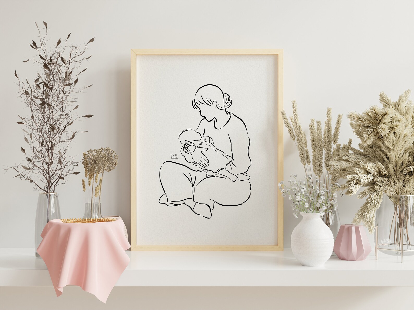Mom and Baby Line Art, Mother and Baby Art, Printable Family Line Art