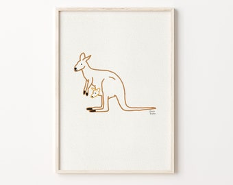 Kangaroo Wall Art, Animal Print Line Drawing, Nursery PRINTABLE Wall Art, Minimalist kids room wall decor, Modern Nursery Animal Printable