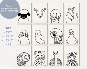 Safari nursery prints Set of 12 Prints, Black White print, Black White Wall Art, Minimalist kids room wall decor, Line Drawing