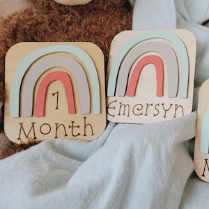 Cartes d'étape personnalisées en bois pour bébé arc-en-ciel de style Boho 3D