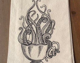 Tentacle Teacup Embroidered Tea Towel
