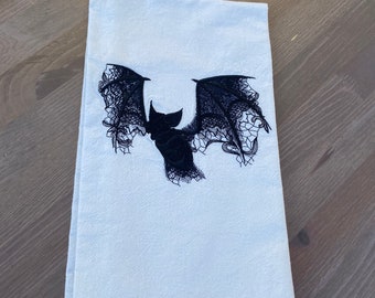 Lacy Bat Embroidered Tea Towel