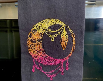 Boho Moon Drape Embroidered Tea Towel