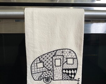 Blackwork Camper (A) Embroidered Tea Towel