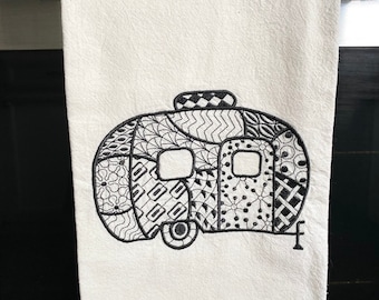 Blackwork Camper (B) Embroidered Tea Towel