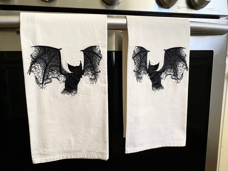 Two Lacy Bat Embroidered Tea Towels image 1
