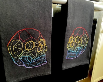 Rainbow Skulls Set of Embroidered Black Tea Towels