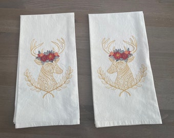 Set Of Two Gold Christmas Deer Embroidered Tea Towels