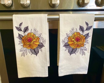 Set of two Autumn Rose Embroidered Tea Towels