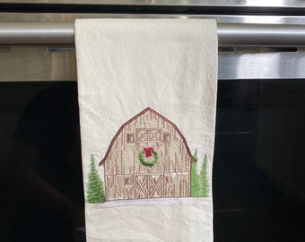 Christmas Barn Embroidered Tea Towel