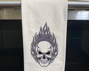 Flaming Skull Embroidered Tea Towel