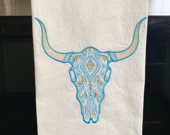 Bright Steer Skull Embroidered Tea Towel