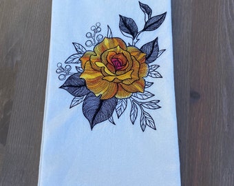 Autumn Rose Embroidered Tea Towel