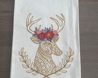 Golden Christmas Deer Embroidered Tea Towel