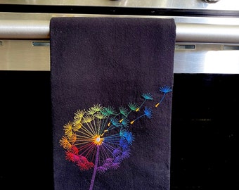 Vibrant Rainbow Dandelion Embroidered Tea Towel