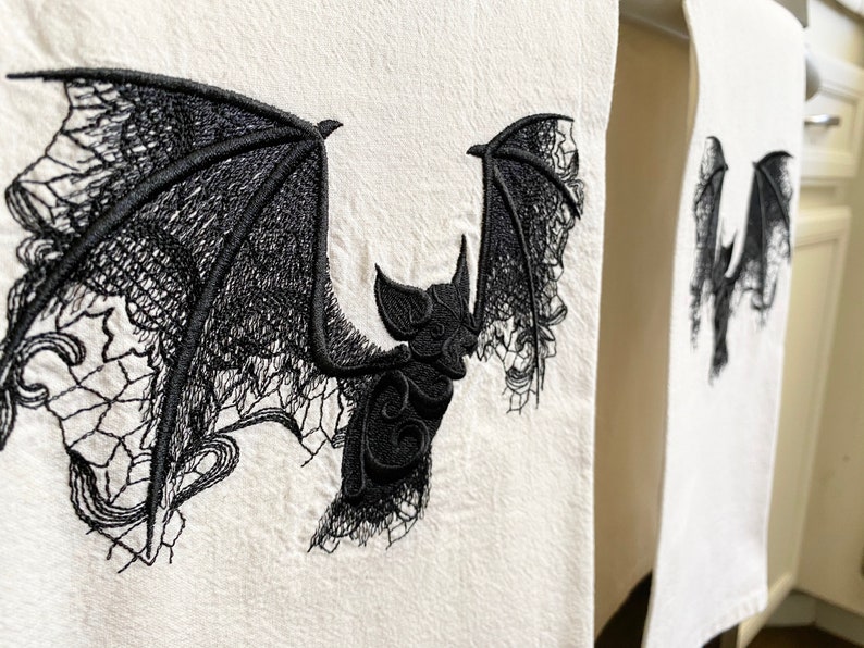 Two Lacy Bat Embroidered Tea Towels image 2