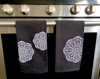 White on Black Mandala Embroidered Tea Towel