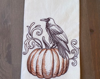 Embroidered Raven Pumpkin Tea Towel