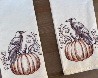 Set of 2 Raven Pumpkin Embroidered Tea Towels