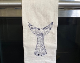 Whale Tail Embroidered Tea Towel