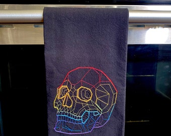 Rainbow Skull Embroidered Black Tea Towel