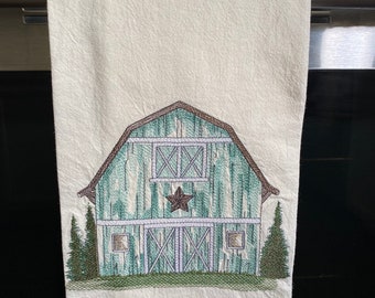 Blue Barn Embroidered Tea Towel
