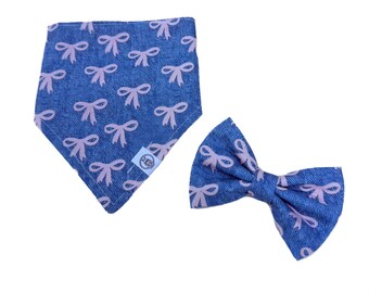Pink Bow Dog Bandana | Denim Look Pet Bandana | Handmade Cotton Dog Scarf | Matching Bow Tie | Cat & Dog Accessories | EllyGang