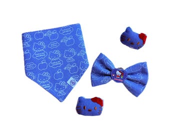 Kawaii Kitty Denim Dog Bandana | Handmade Pet Bandana | Cute Cat Print Dog Scarf | Matching Bow Tie | Catnip Cat Toy | Cat & Dog Accessories