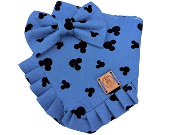 Denim Mouse Silhouette Dog Bandana with Ruffle | Handmade Pet Bandana | Blue Denim Dog Scarf | Matching Bow Tie | Cat & Dog Accessories